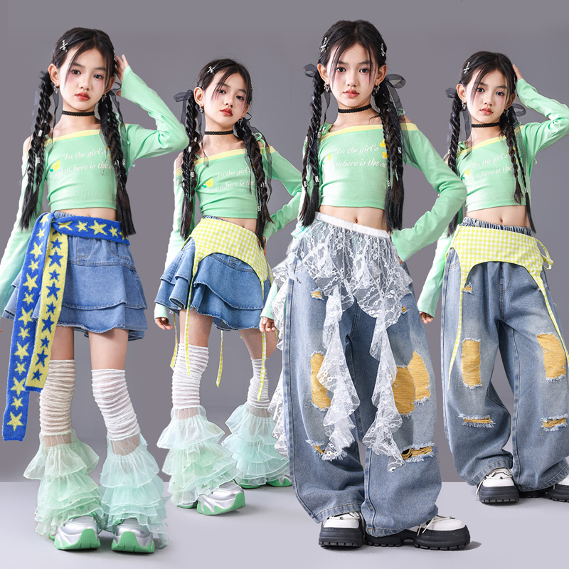 ガールズヒップホップオフショルダーグリーンクロップトップストリートダンスジーンズ子供ストリートデニムスカート子供グループダンス服セット
