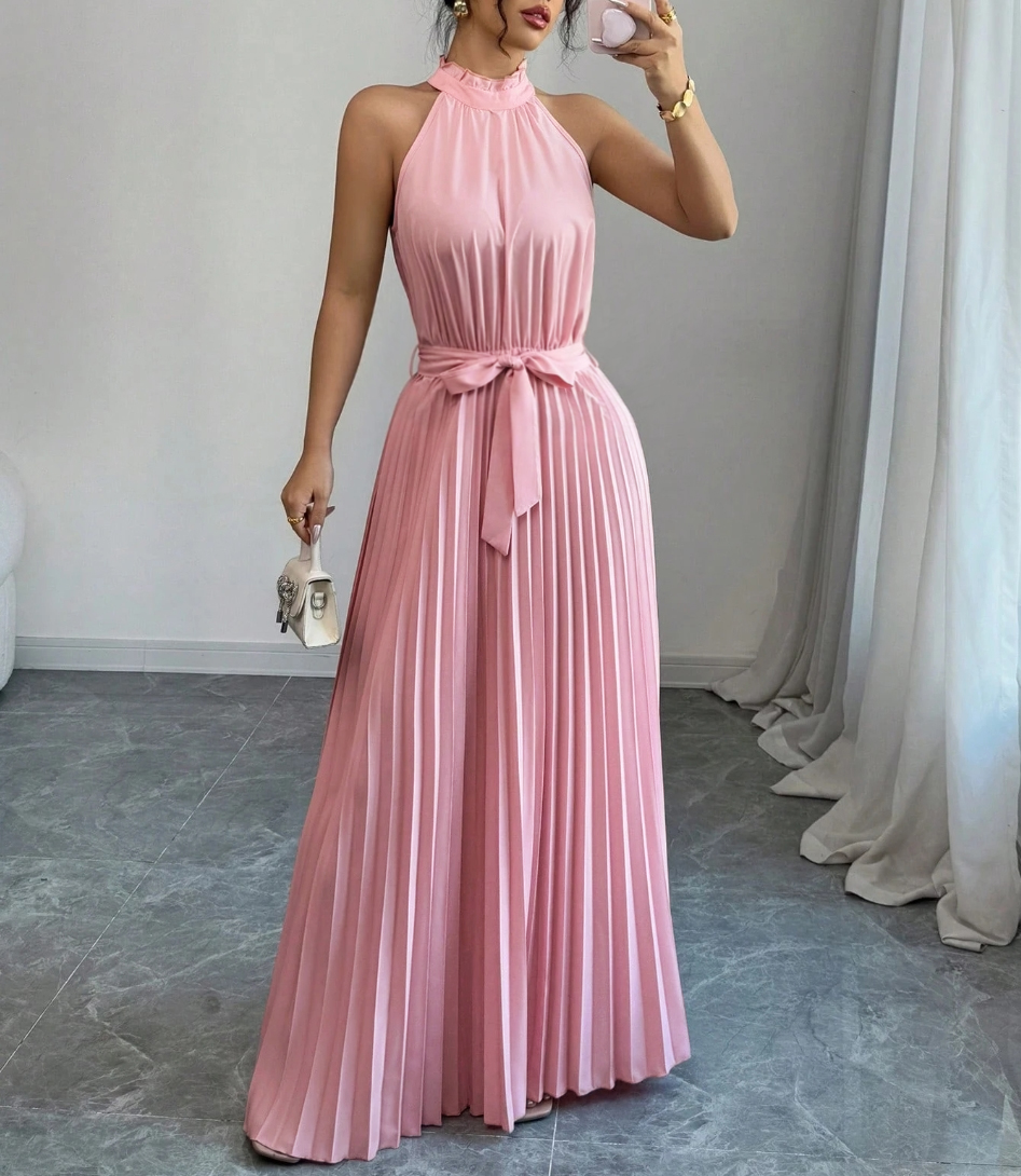 女性マキシドレスノースリーブホルターネックプリーツベルト付き A ラインピンクドレス春夏パーティー結婚式のゲストのイブニングドレス