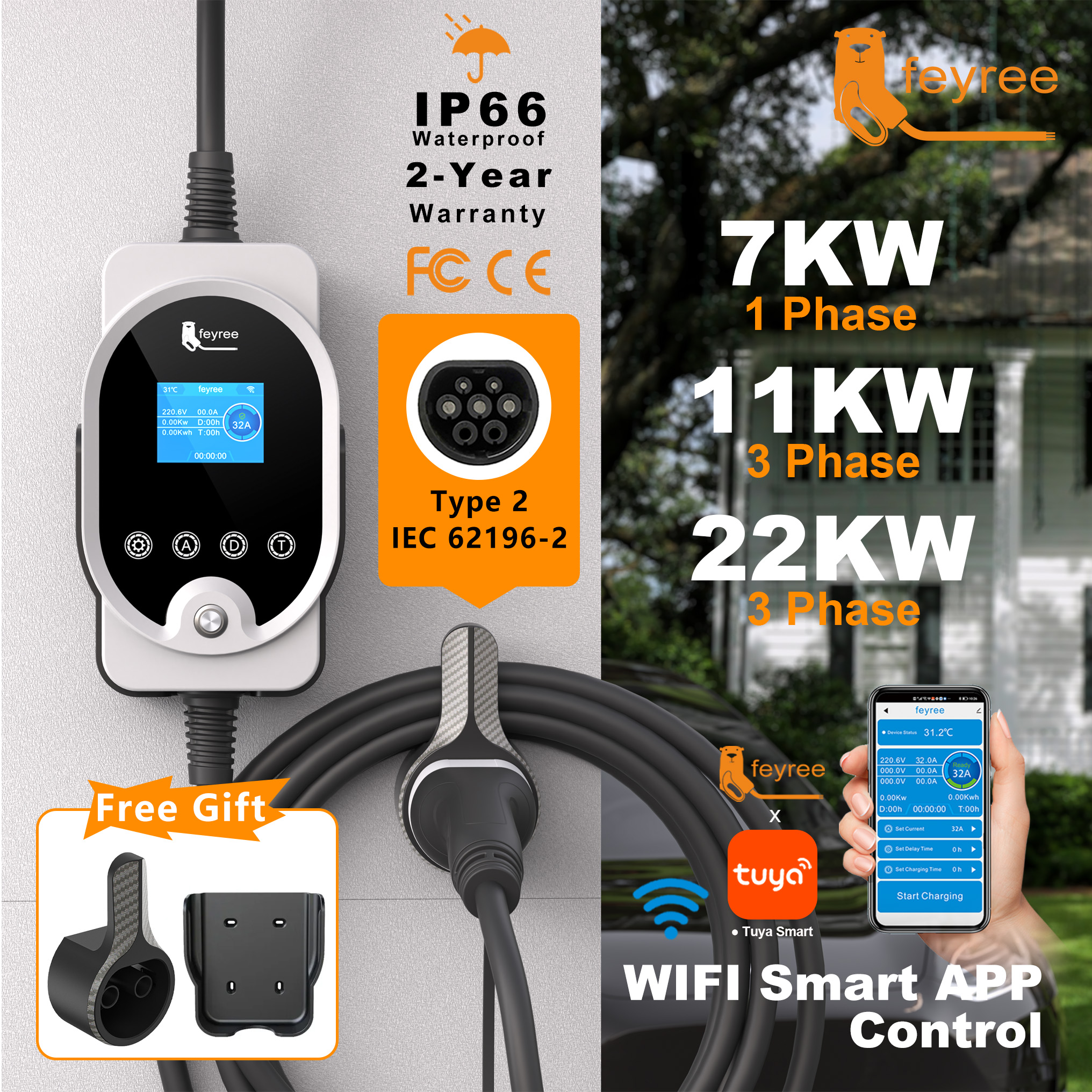 Feyree Type2 EV 充電器 EVSE ウォールボックス 22KW 11KW 3P スマート APP Wi-Fi 制御 7KW 32A 1P 設定電流
