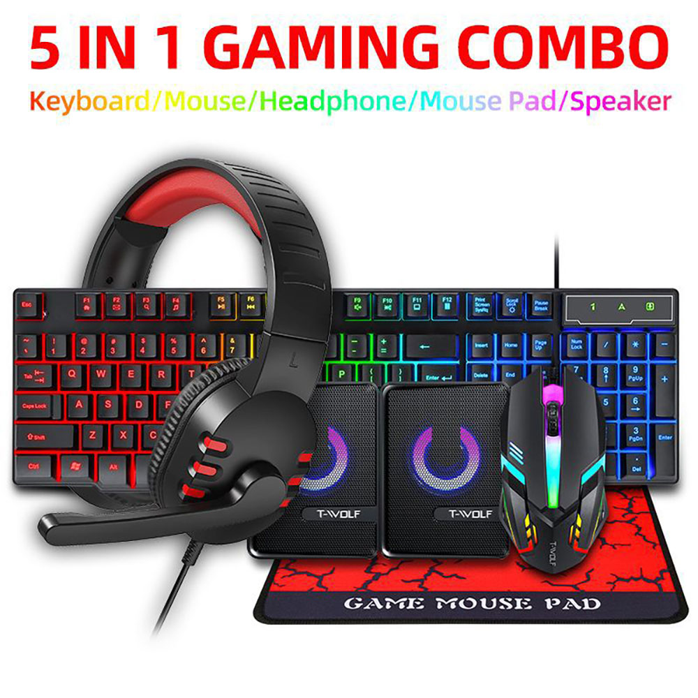 5 で 1 セットコンピュータ USB 有線キーボードマウスセットヘッドフォンマウスパッドスピーカーマウスとキーボードコンボ