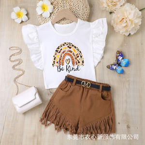 夏季热卖女童休闲透气服装套装无袖纯色针织上衣+牛仔百褶裙两件套