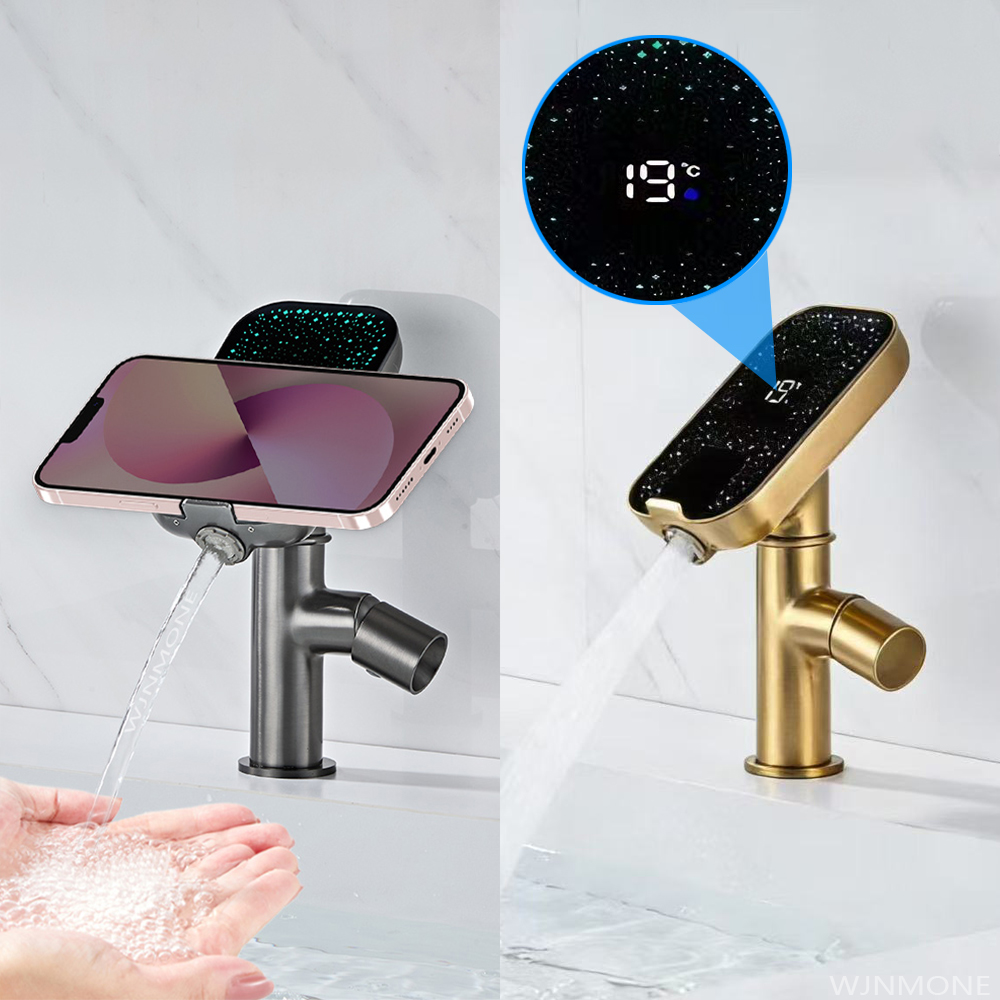 モダンで豪華な浴室の蛇口デッキマウント固体銅洗面器シンクタップ温冷水ミキサースマート LED ディスプレイ洗面台の蛇口