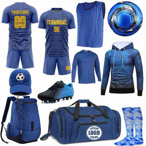 Custom Sublimation Soccer Jersey Set—Blue Men's Team Uniform with Shorts, Shoes, Socks, Bag, and Hat; Moisture-Wicking and Breathable, Suitable for All Seasons