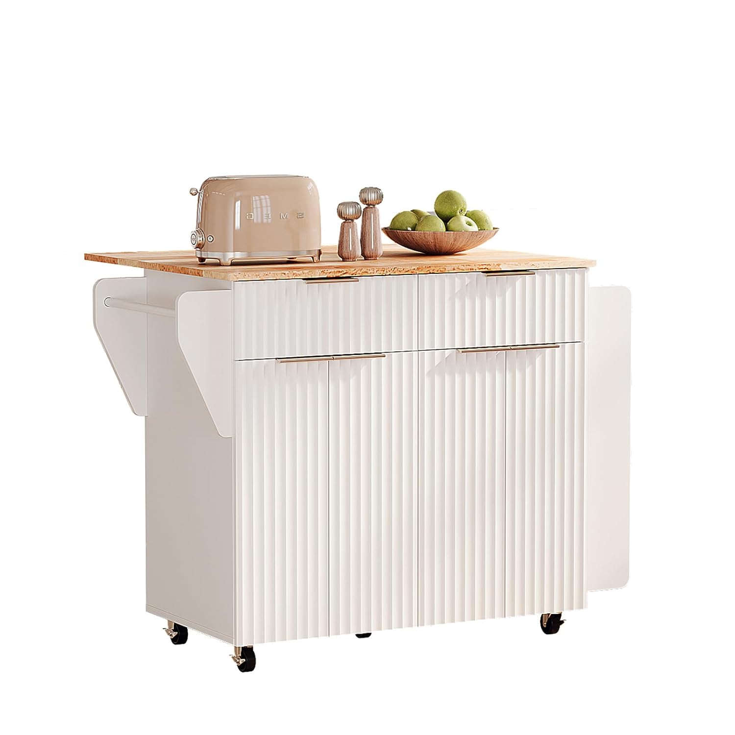 #Fluted Rolling Kitchen Island Cart with Storage, 2 Drawers, 4 Doors, Adjustable Shelves, Rubber Wood Top, White, Customized