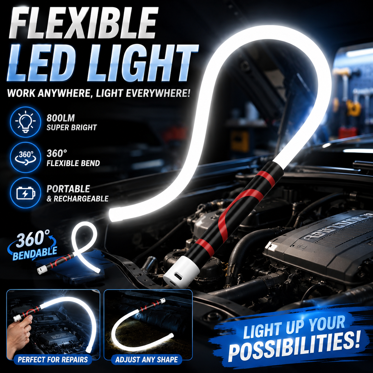360 ° 曲げ可能な柔軟な LED ワークライト 800LM 超高輝度充電式ハンドヘルド検査ランプ自動車修理やワークショップ用