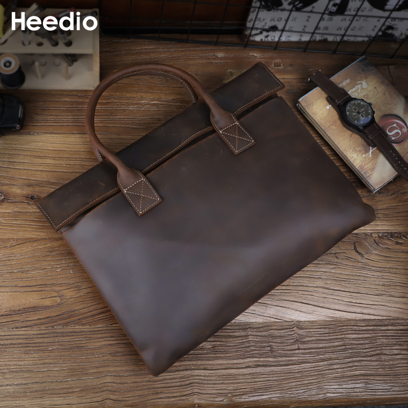 レトロメンズブリーフケース本革ハンドバッグトップレイヤー牛革ビジネスタブレットバッグスリムクラッチ用16インチのラップトップ