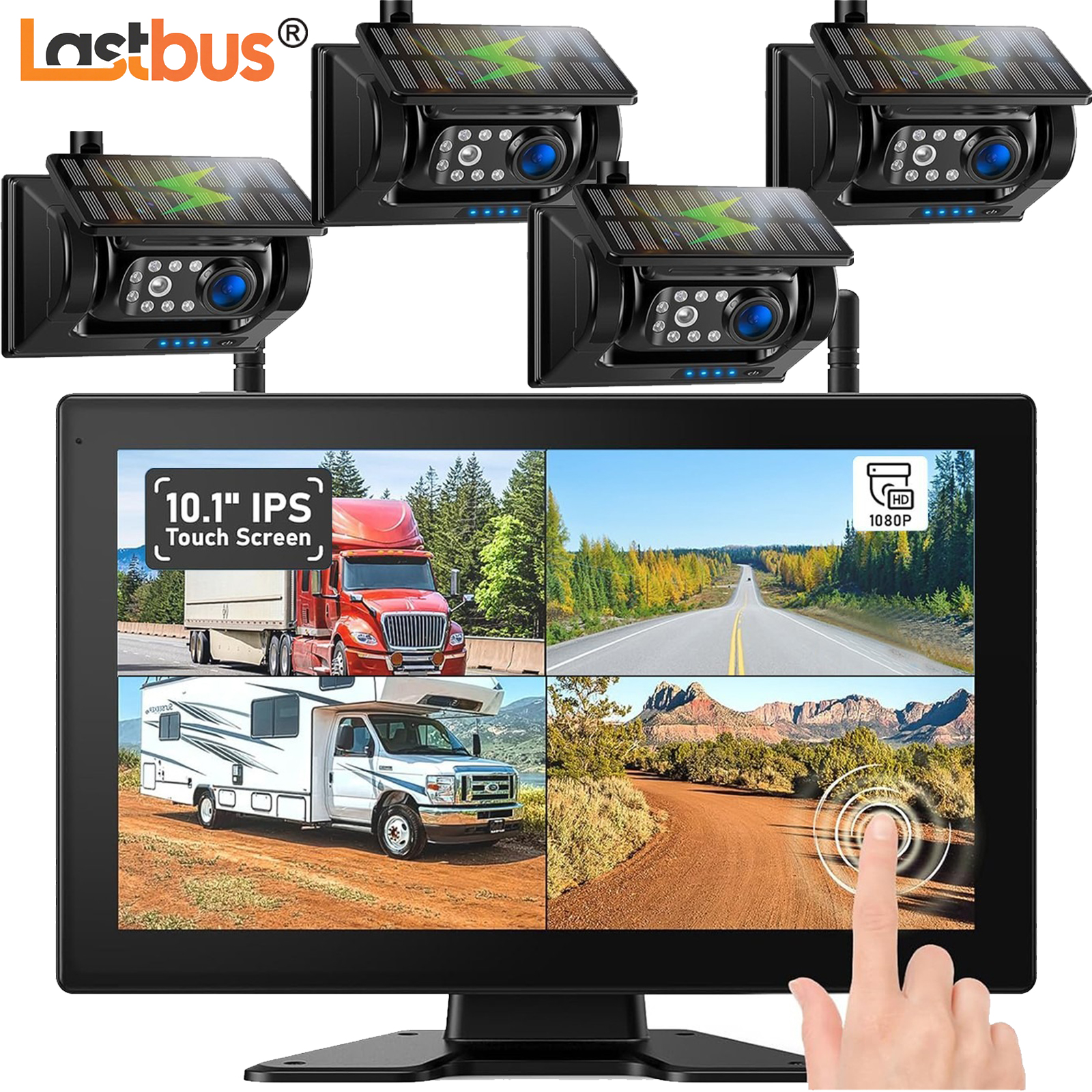Lastbus ワイヤレス 10.1 "タッチスクリーン クアッド DVR モニター 1/2/3/4 個 1080P ソーラー磁気バックアップカメラ付きトレーラートラック用