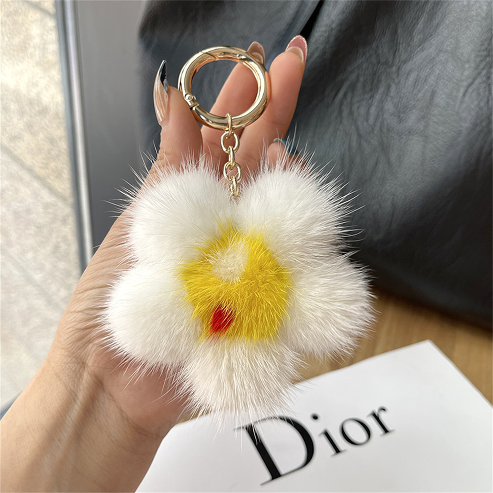 かわいいミンクの毛皮ひまわりペンダントキーホルダーリアルミンクの毛皮ひまわり人形チャーム Yoys 飾りキーリングジュエリーポンポンペンダントギフト