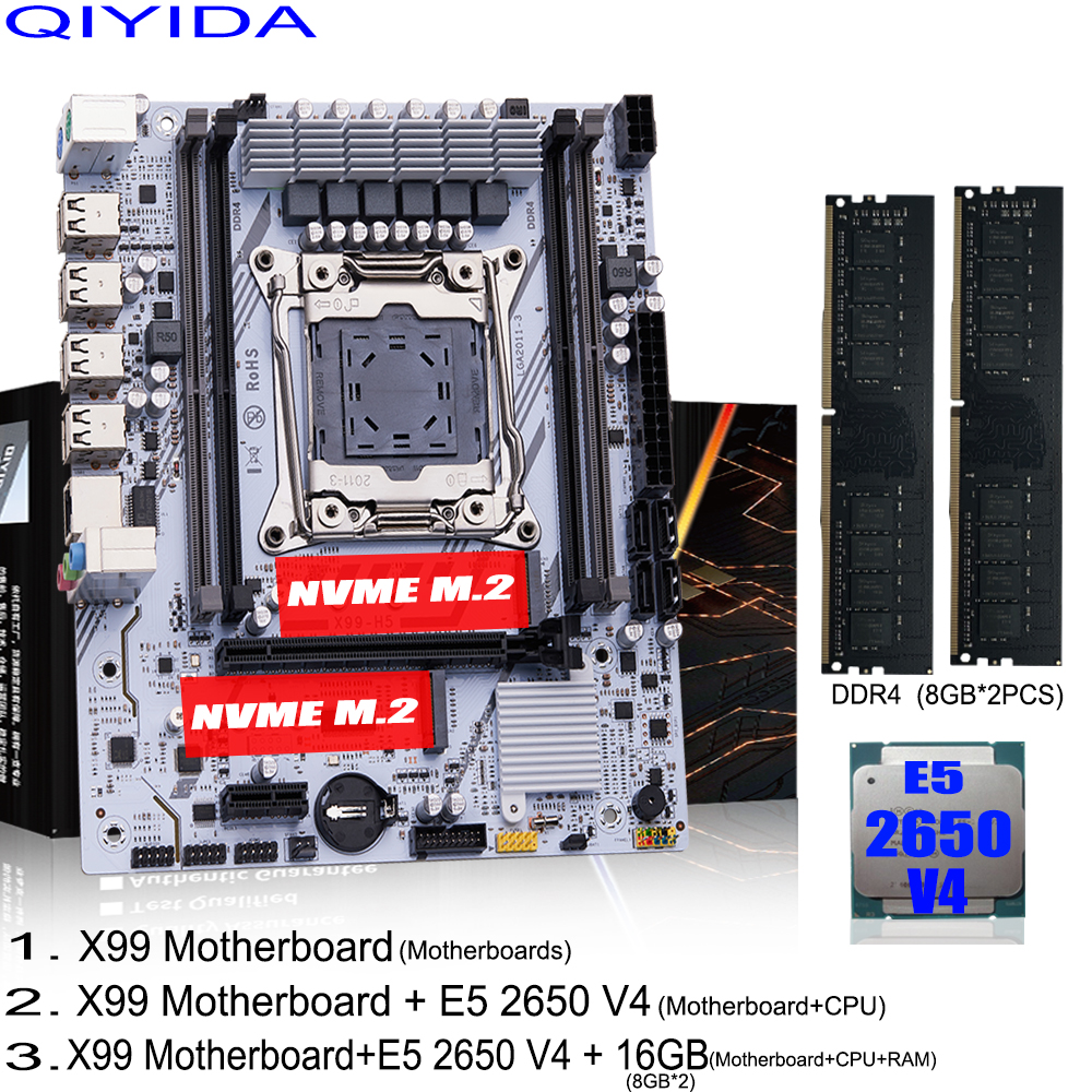 QIYIDA X99 Motherboard Set Kit Xeon LGA2011-3 E5 2650 V4 2pcs*8gb=16GB DDR4 RAM USB PCI 3.0 NVME M.2 SATA M-ATX