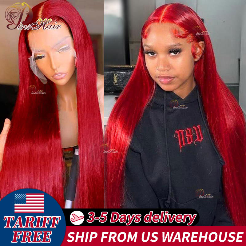 Hot Red 13x4 Lace Front Human Hair Wigs Bright Red 99J Color Straight 13x6 HD Transparent Lace Front Wig Pre Plucked For Women