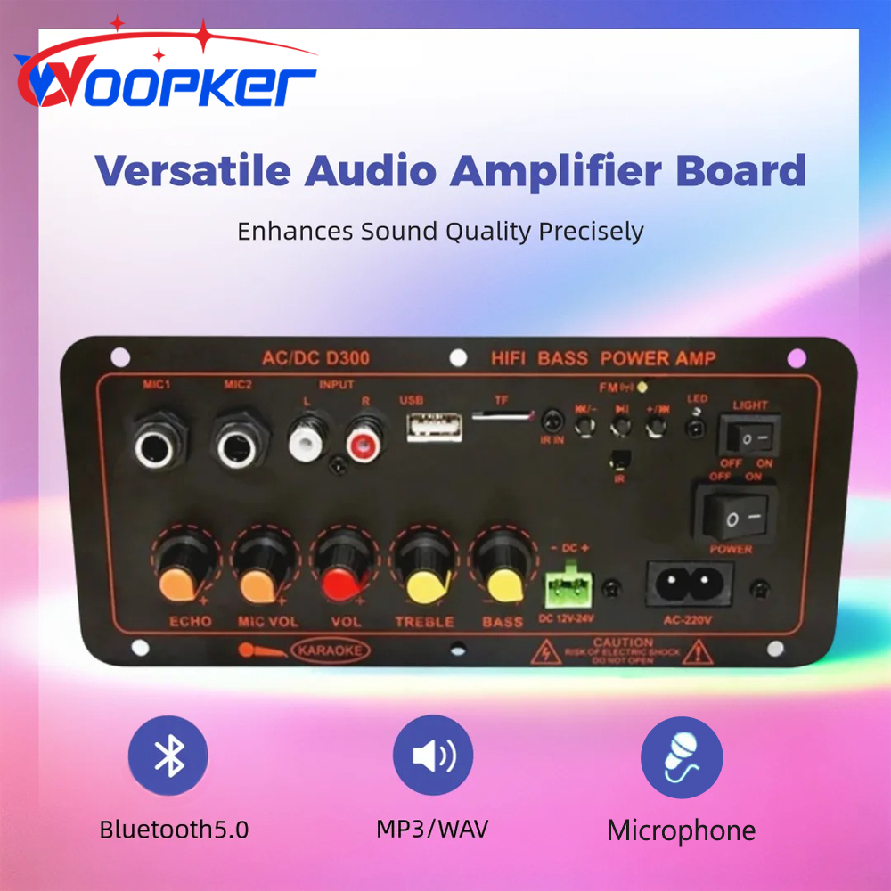 Woopker パワーアンプボード D300 オーディオ増幅ボード 600W Bluetooth 5.0 デュアルマイクサポート USB/TF/AUX/FM ラジオ