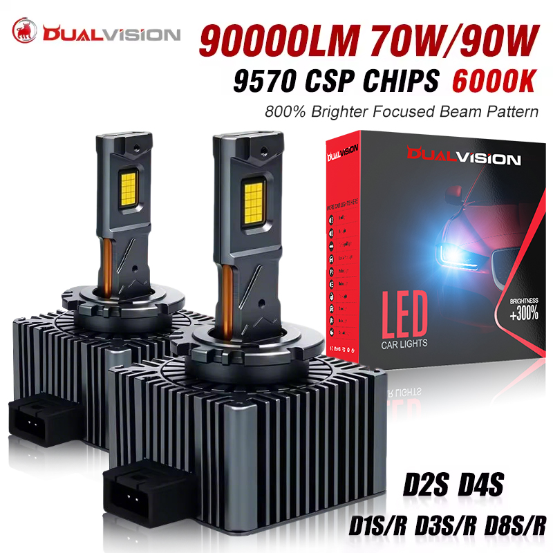Dualvision D1S D3S LED ヘッドライト HID CANBUS D2S D4S D4R D1R D2R D3R ターボ LED 90000LM CSP チップ 6000K ホワイト 70W 90W プラグ