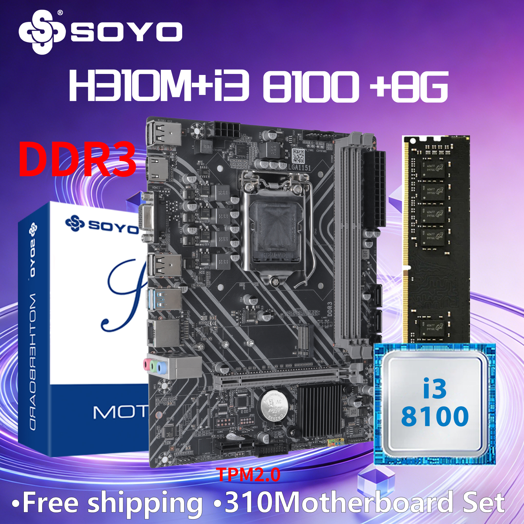 SOYO H310M DDR3 Motherboard i3 8100 CPU 8G RAM Intel LGA1151 TPM2.0 Computer Combo Kit Xeon PC GAME PCIE3.0*16 Desktop Mainboard
