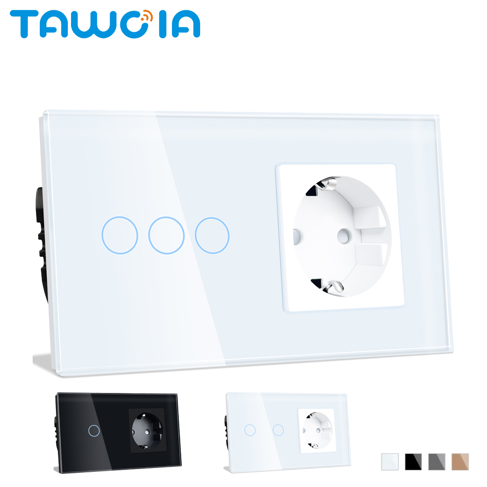 TAWOIA ホワイト EU 電気ソケットスイッチホーム壁スイッチ 1/2/3/4 ギャング 1/2 ウェイバックライトガラスパネル USB 壁ソケット