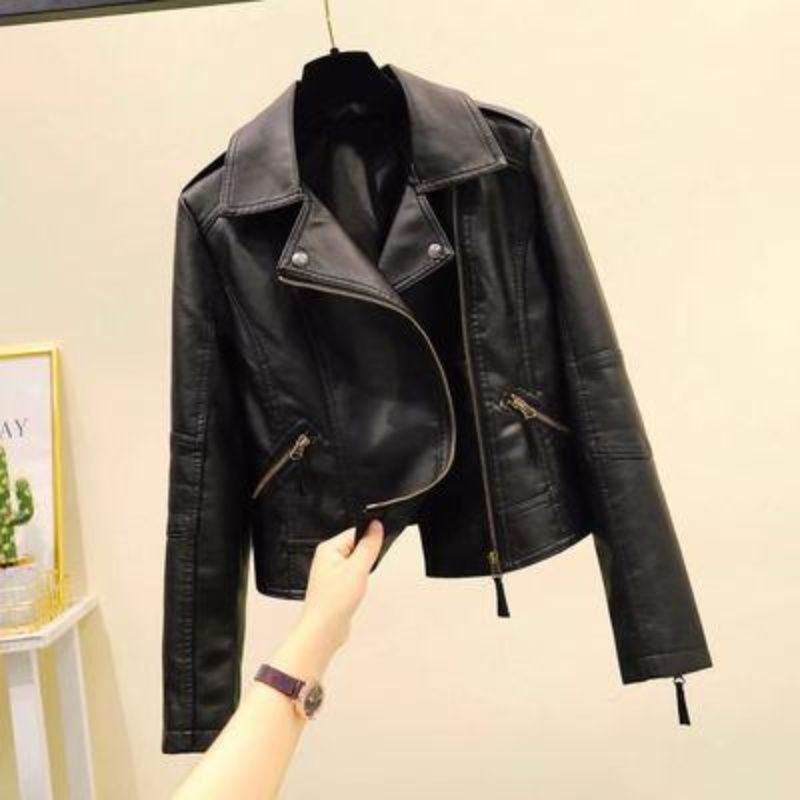 女性ブラックフェイクレザージャケット秋スリム Pu レザーコートジッパーオートバイジャケット長袖上着シックなデザイントップス