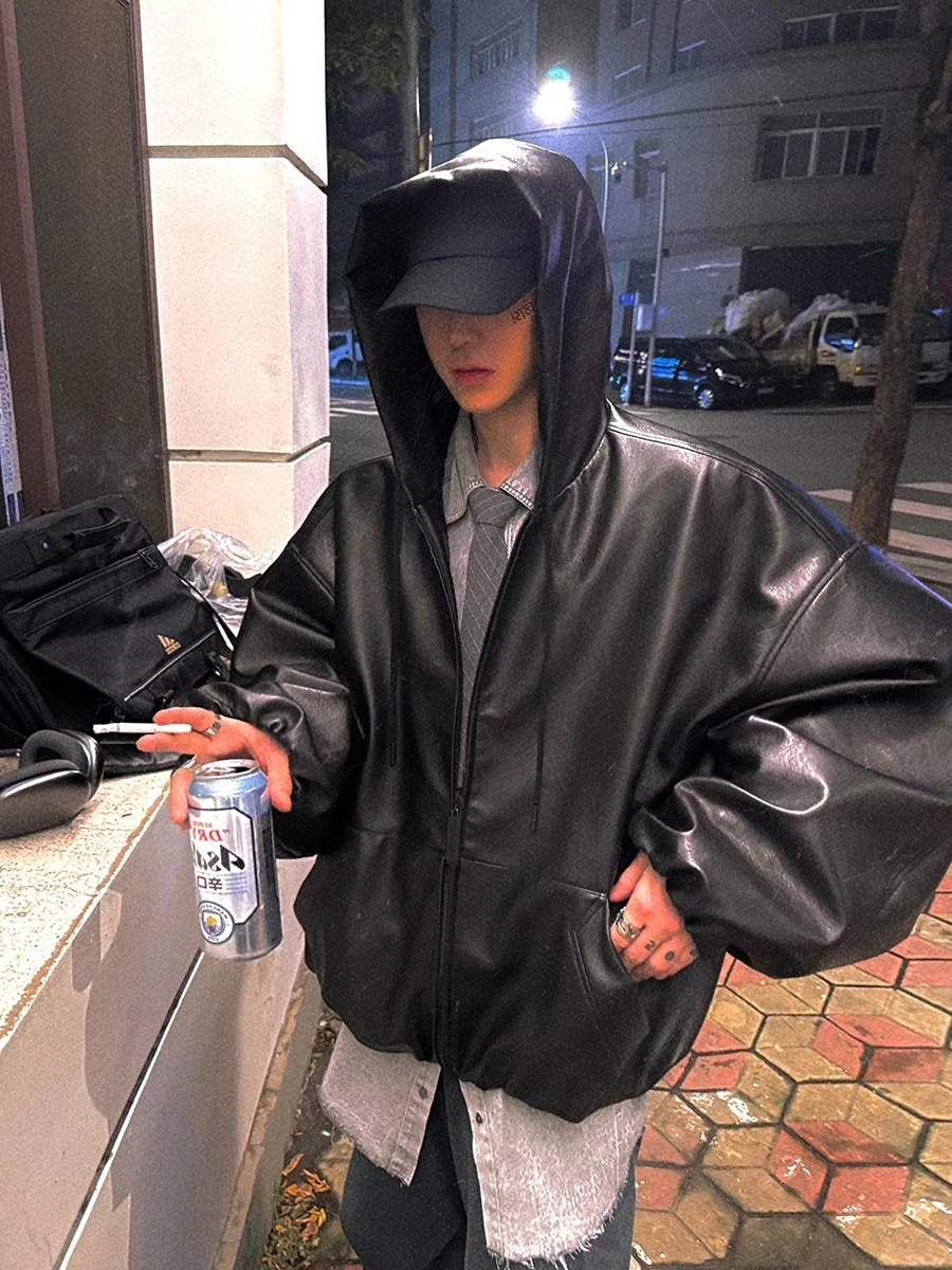 冬ショート特大黒ソフト Pu レザージャケットコート男性冬フードジッパー男性ジャケットゆるいカジュアルな韓国のファッション服