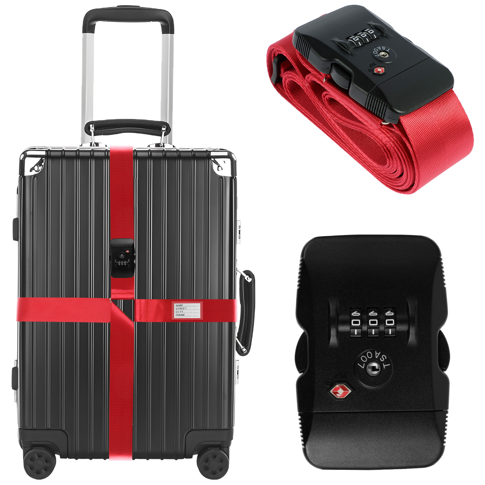 クロス荷物ストラップ TSA 税関ロック荷物ストラップ長さ調節可能なスーツケースベルト、クリア ID タグ付き耐久性のある荷物旅行ベルト