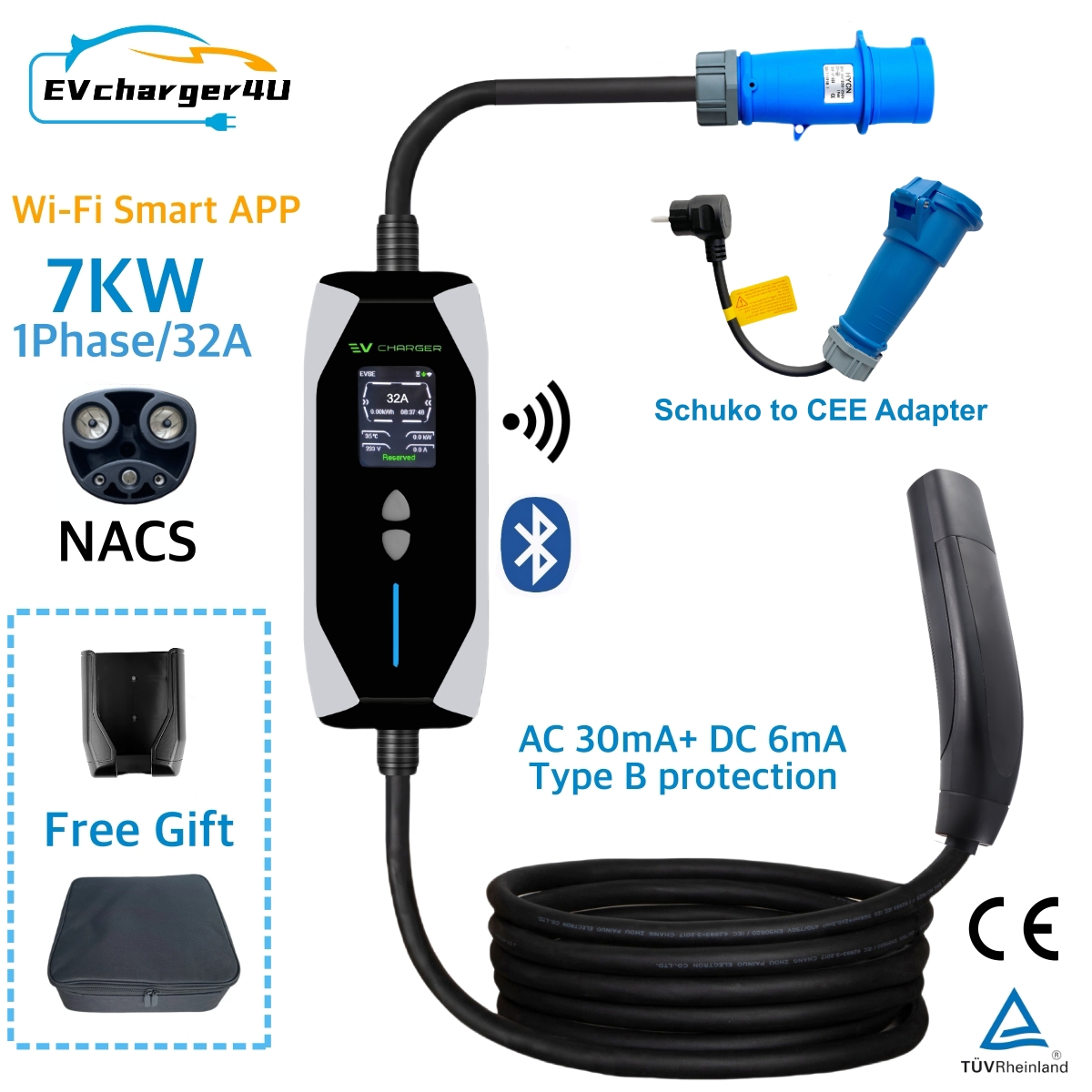 EVcharger4U 7KW NACS ポータブル EV 充電器 EVSE 1 相 32A 5 メートル テスラ ケーブル Wifi Bluetooth アプリ制御 モデル X/Y/3/S Cyber​​truck 用