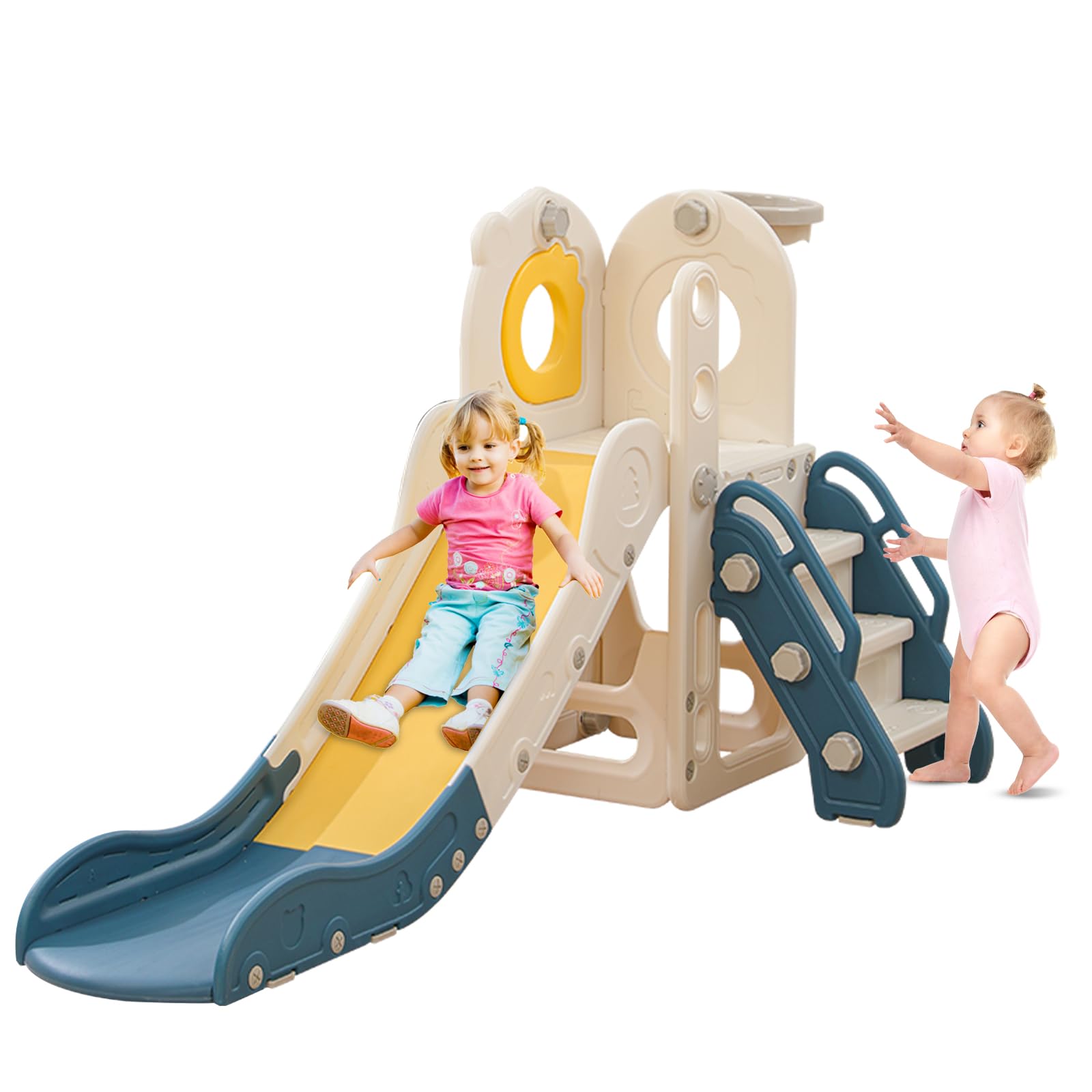 自立型幼児用滑り台、5 in 1 幼児用屋内プレイセット、1～3歳用、バスケットボールフープ付きL字型スライド、屋内屋外用ベビークライマー、男の子と女の子の誕生日用、丈夫な遊び場のおもちゃ