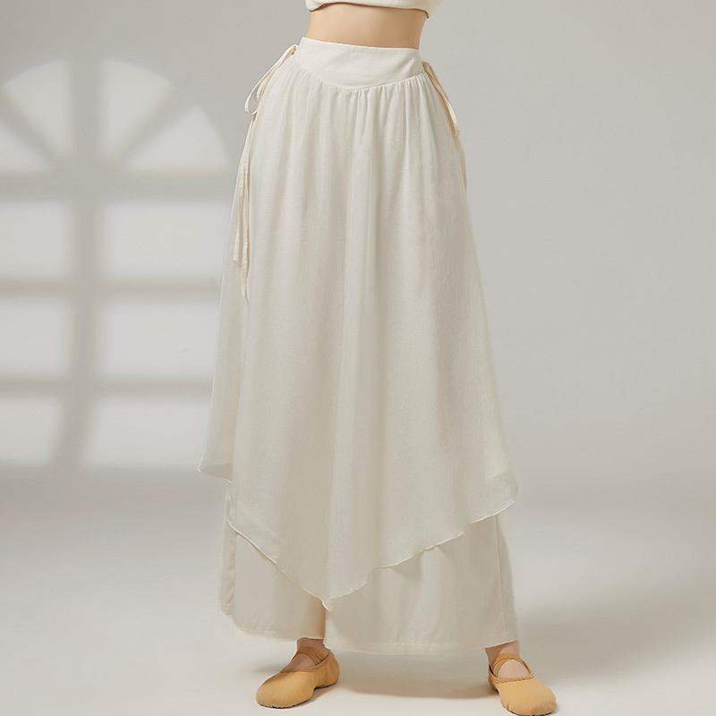 女性シフォン二層ワイドレッグモダンダンスパンツウエストリボンふわふわ通気性クラシックダンス練習ズボン大人