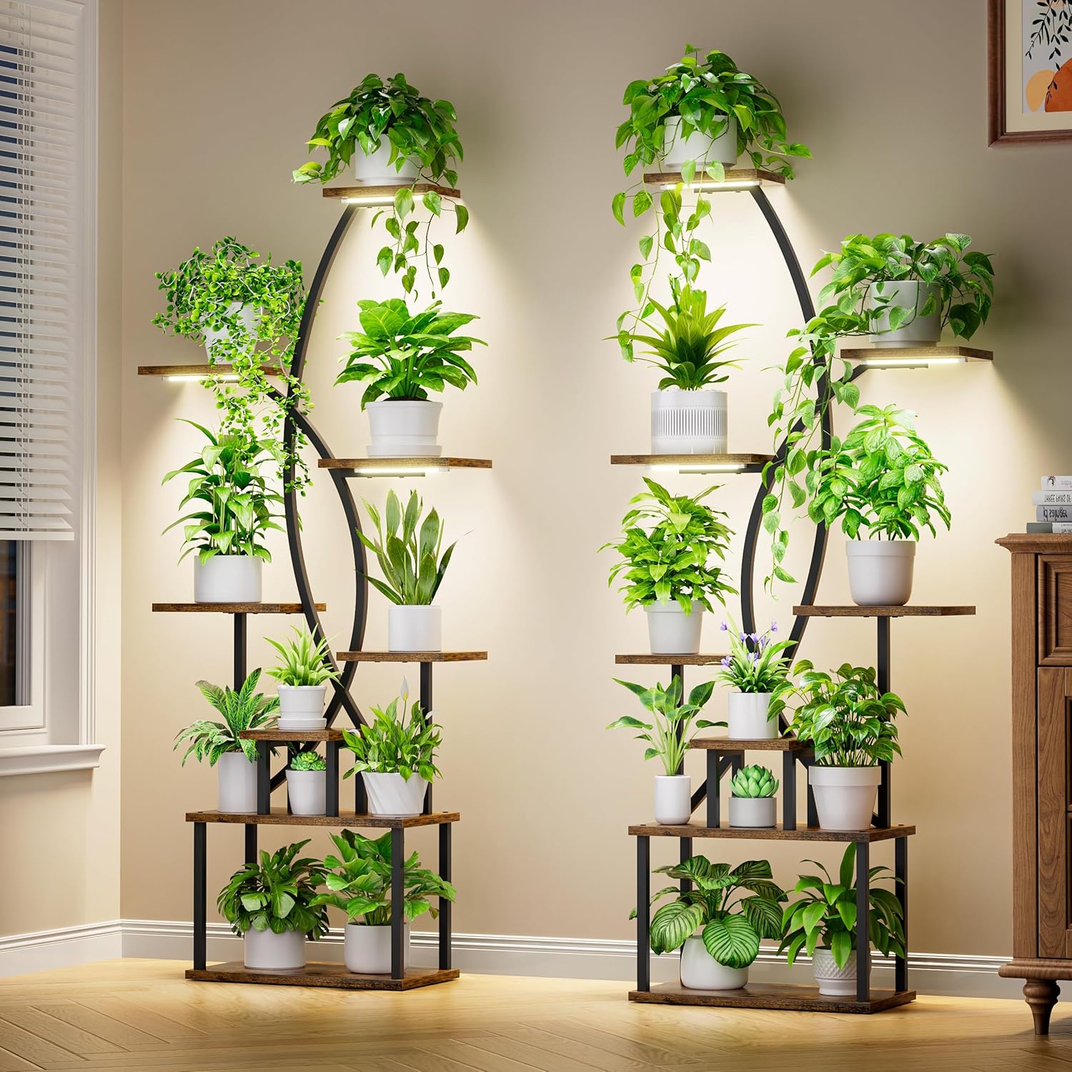 8段植物スタンド 成長ライト付き 高さ65インチ コーナーシェルフ 複数の植物用 ブラック 2個パック