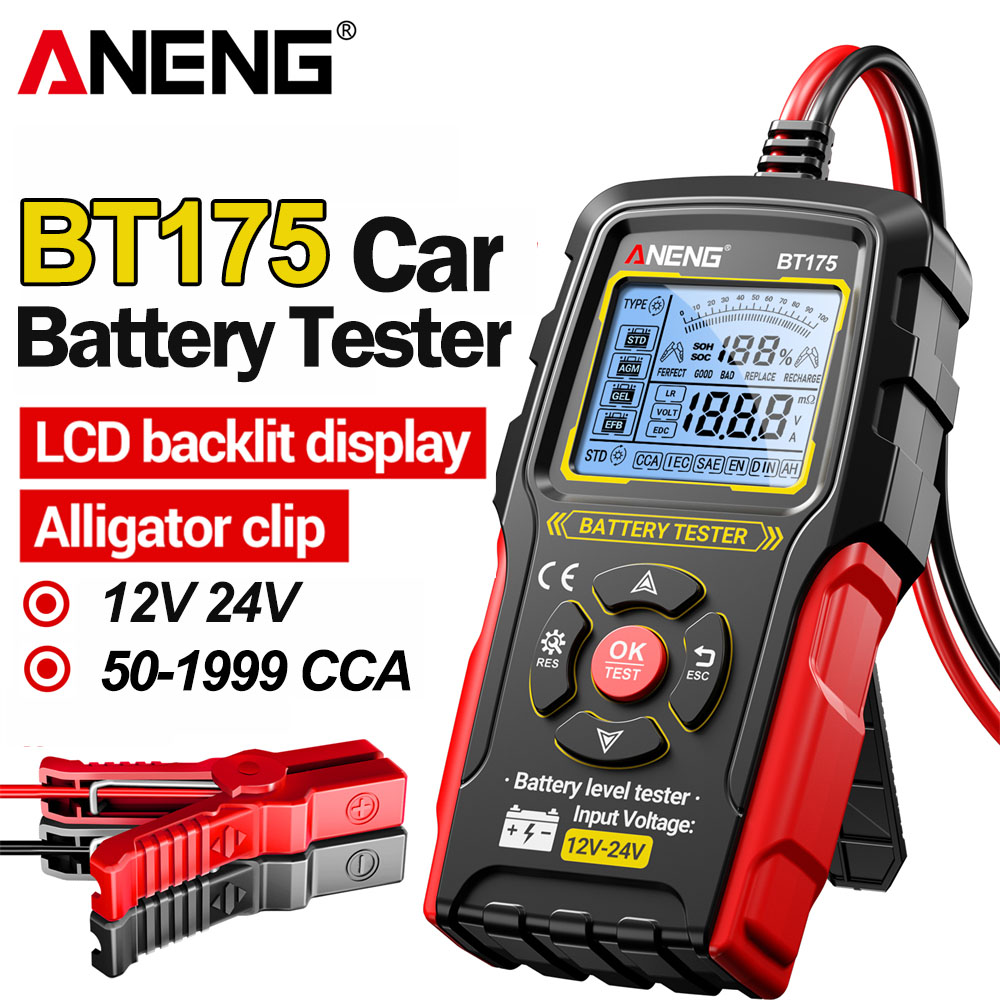 12V 24V 車のバッテリーテスターデジタル自動車負荷テスター 50-1999 CCA バッテリーアナライザー ANENG BT175 絶縁ワニ口クリップ