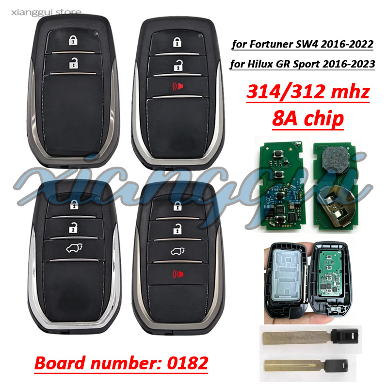 8A チップ 312/314mhz PCB コード = 0182 車のキーリモート Fob ケースシェルハウジングトヨタフォーチュナー SW4 2016-2022 ハイラックス GR スポーツ 2023
