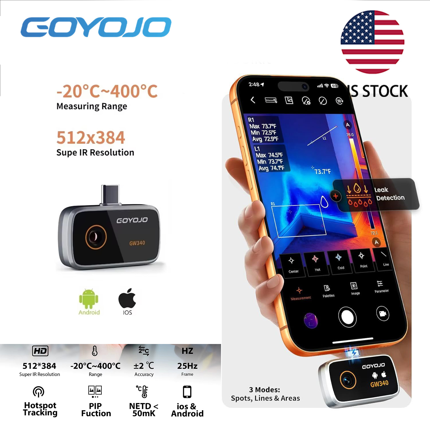GOYOJO サーマルカメラ IPhone/Android/タブレット用、512x384 スーパー IR 解像度、サーマルイメージャー iOS 17/16/15 シリーズ