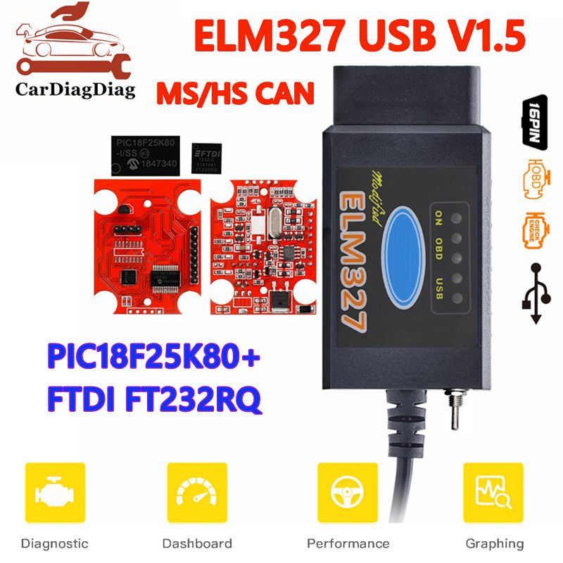 ELM327 V1.5 USB HS/MS-CAN PIC18F25K80 FTDI/CH340 フォード FORScan スイッチ隠し機能 OBD2 スキャナ車診断インターフェイス