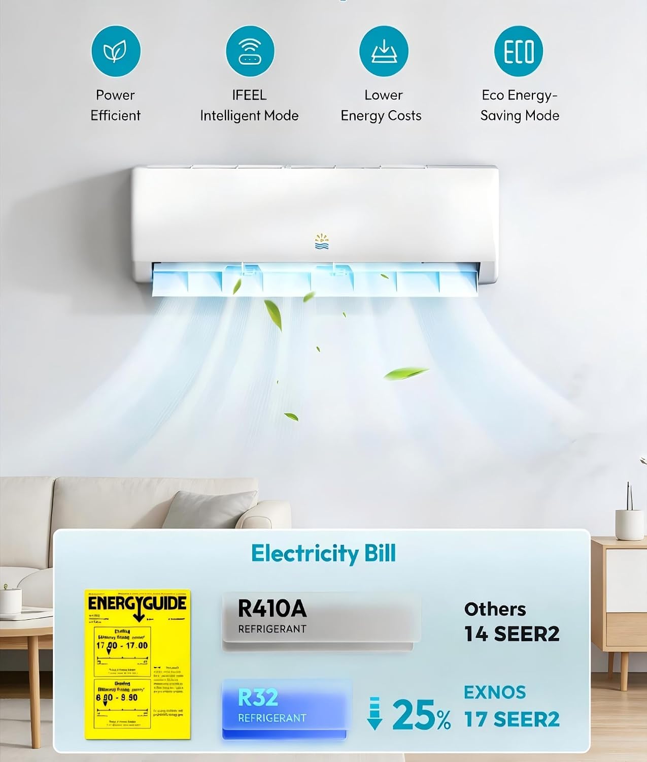 11500BTU ミニスプリットエアコン - 17 SEER2 115V インバーターダクトレスシステム AC、ヒートポンプ、プレチャージコンデンサー、カスタム