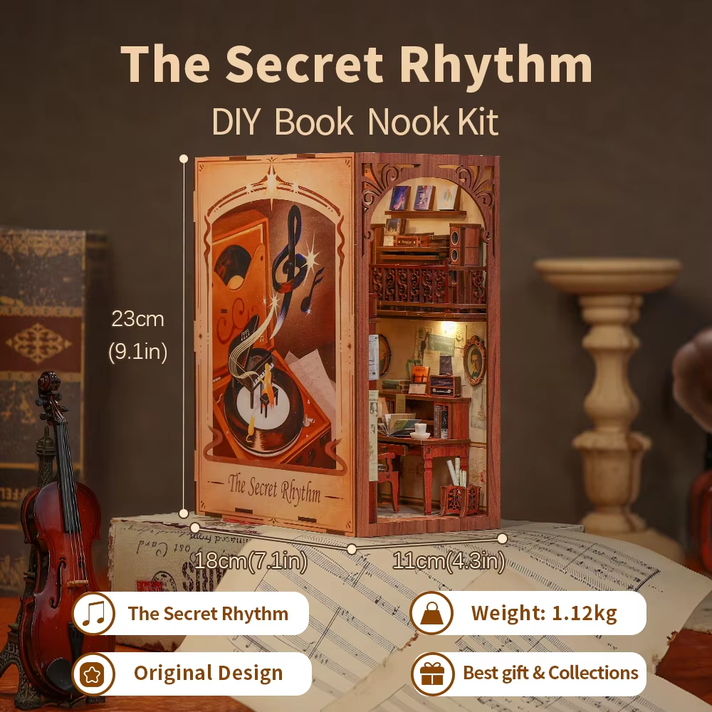 CUTEBEE パズル 3D DIY ブックヌックキット 木製ブックエンド タッチライト付き 秘密のリズム音楽ブックヌック 建物装飾モデルギフト