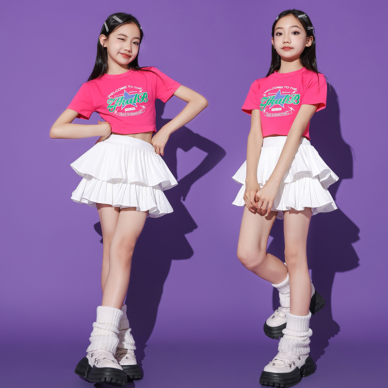 女の子ヒップホップ衣装クロップトップスホワイトホットスカートストリートダンス服セット子供ストリート Tシャツ子ジャズステージウェア衣装