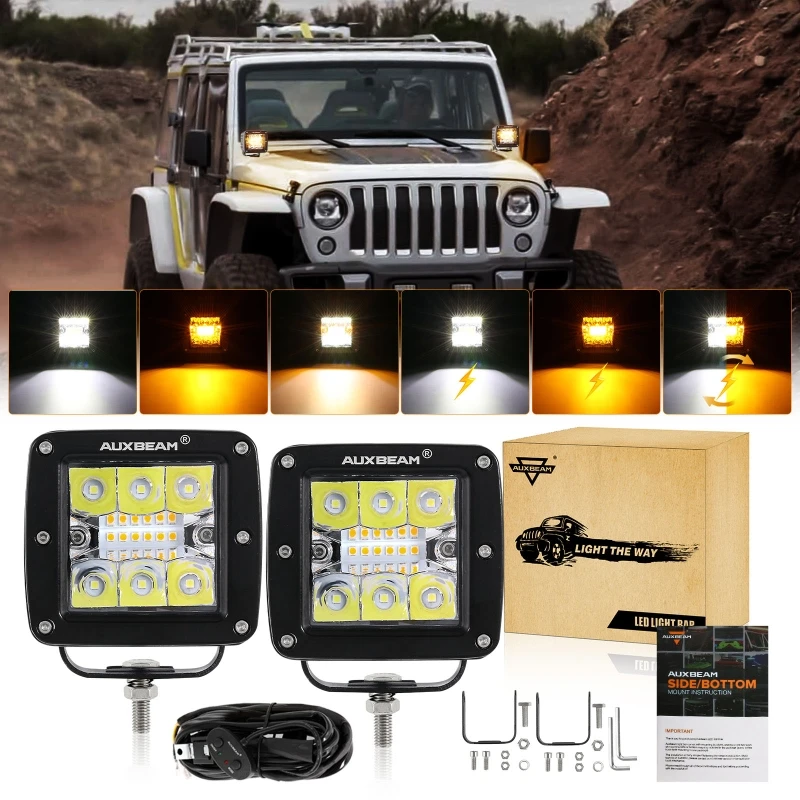 AUXBEAM 3インチ 72W LEDスクエアワークライトポッド デュアルカラー 6照明モード 10フィート配線ハーネス付き トラックピックアップオフロード用