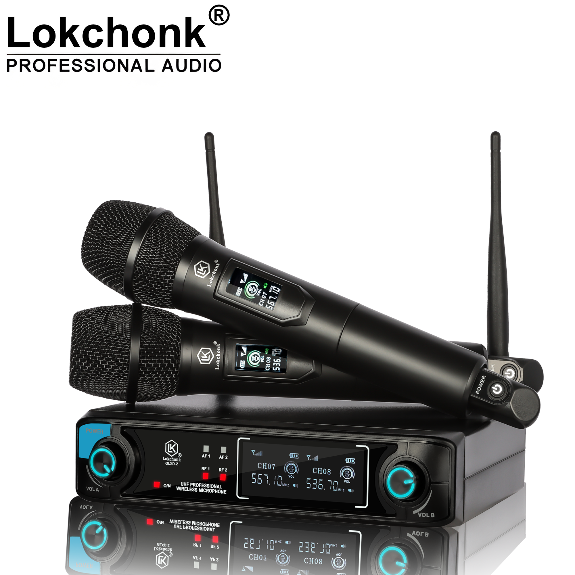 Lokchonk GLXD-2 Pro プロフェッショナル デュアル チャンネル ワイヤレス マイク システム 2 ハンドヘルド マイク付き ステージ カラオケ スピーチ指導用