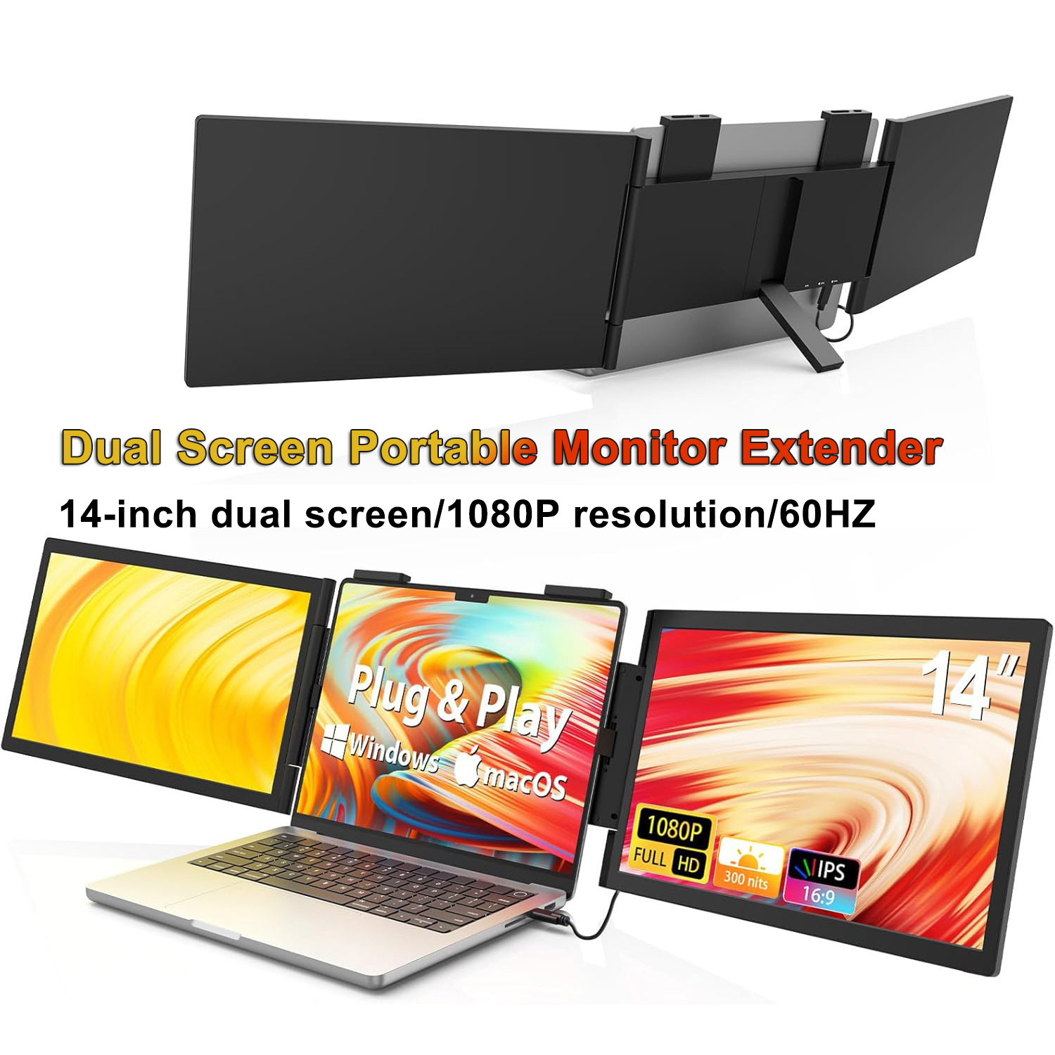 14 インチ トリプル ポータブル モニター 1080P IPS デュアル ディスプレイ 回転キックスタンド付きラップトップ スクリーン エクステンダー Mac 用 Wins Switch Decks