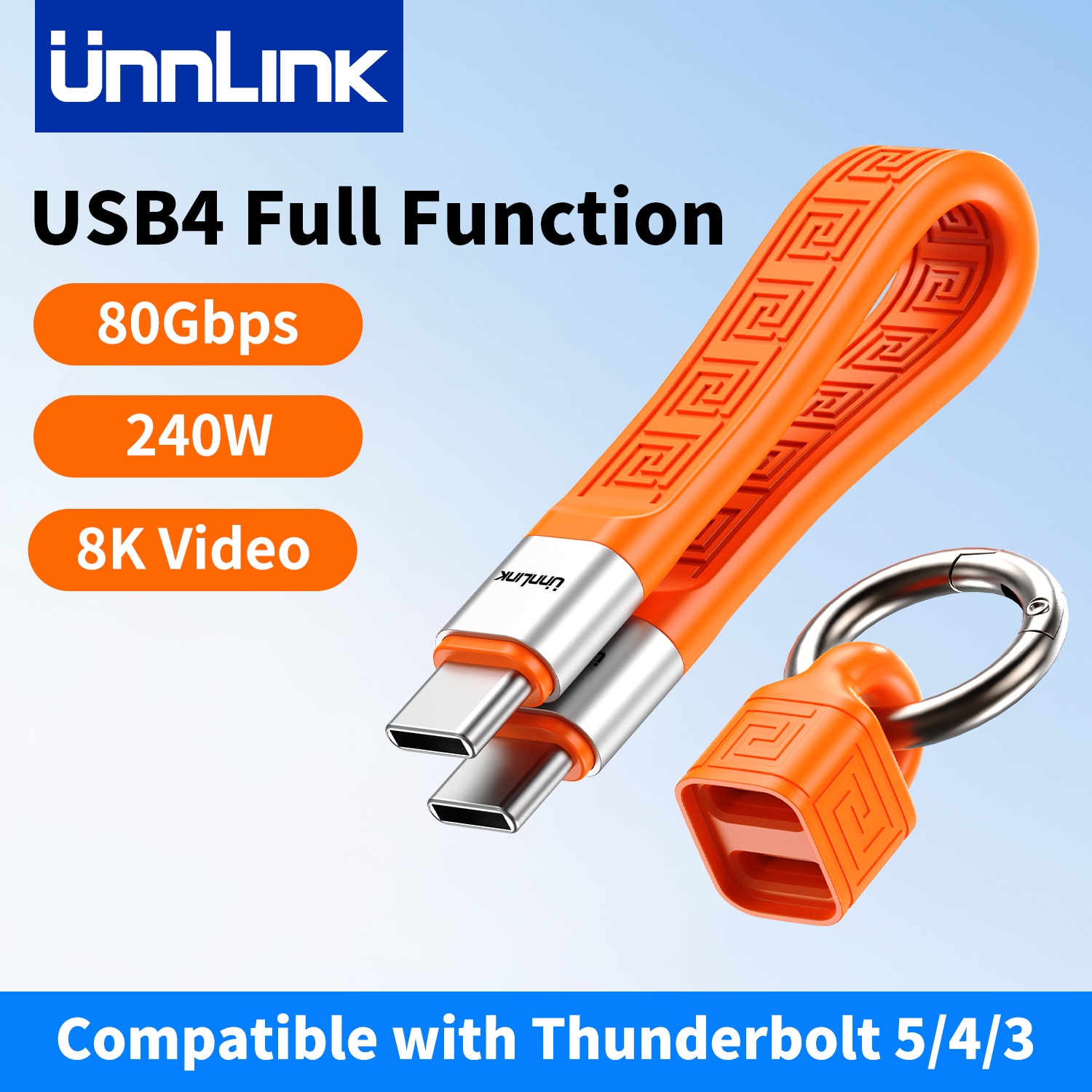 Unnlink キーホルダー USB4 V2 ショートケーブル 80Gbps 240W 高速充電ポータブル Type-C コード互換性 Thunderbolt 5/4 SSD iPhone 17 用