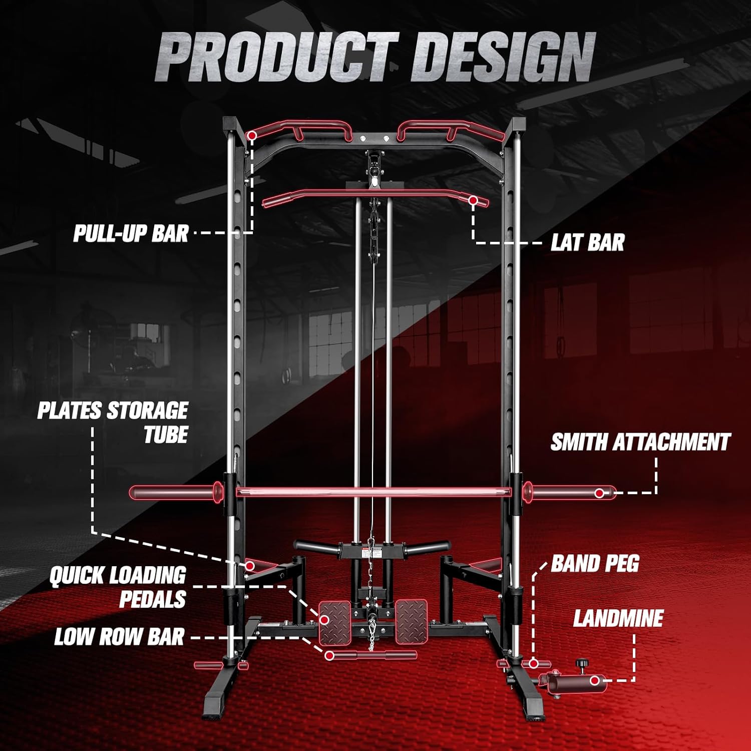 Smith Machine パワーラック、LAT プルダウンシステム、ランドマイン、バーベルバー、プレートストレージペグなどのトレーニング、カスタマイズ付き