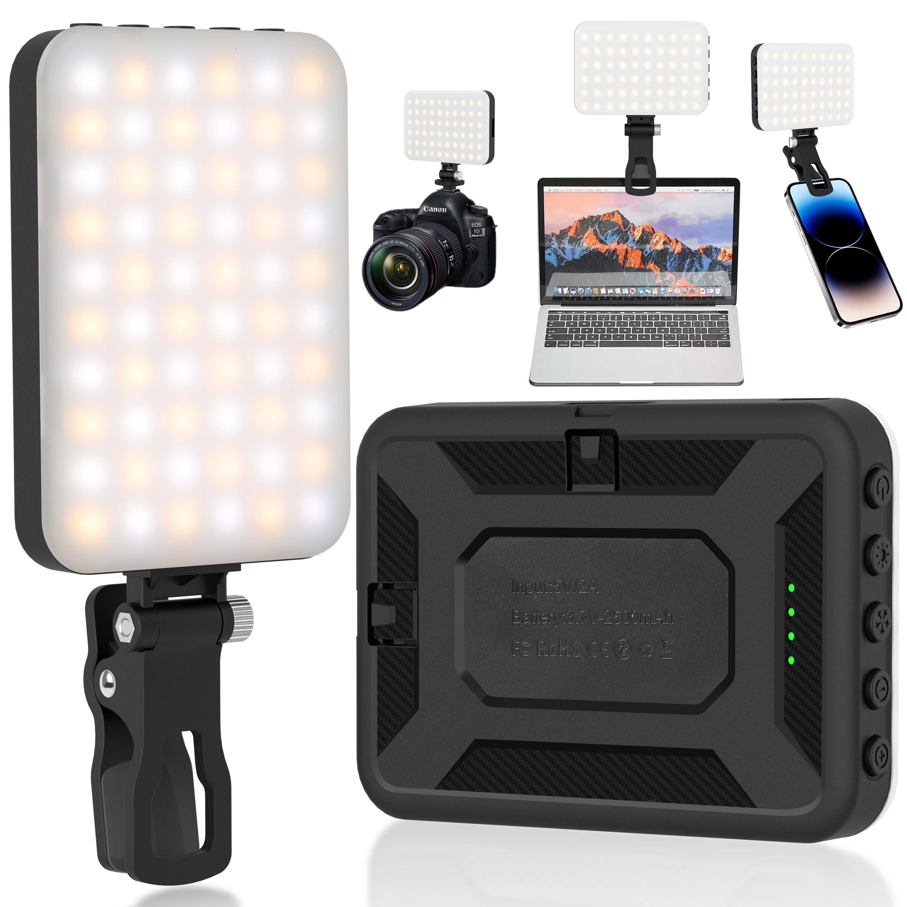 LED Selfie ライト、60 LED ビーズ 2500mAh 充電式 CRI 97 、7 ライトモード、携帯電話タブレットラップトップ TikTok 用のポータブルクリップオンライト