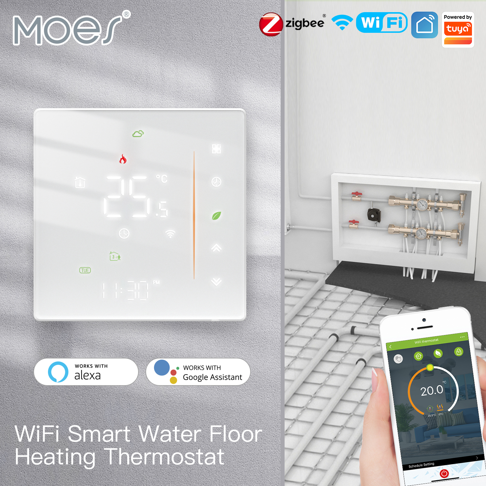 MOES 水/電気床暖房サーモスタット Zigbee 水ガスボイラー温度制御 Tuya/スマート APP Alexa Google Voice