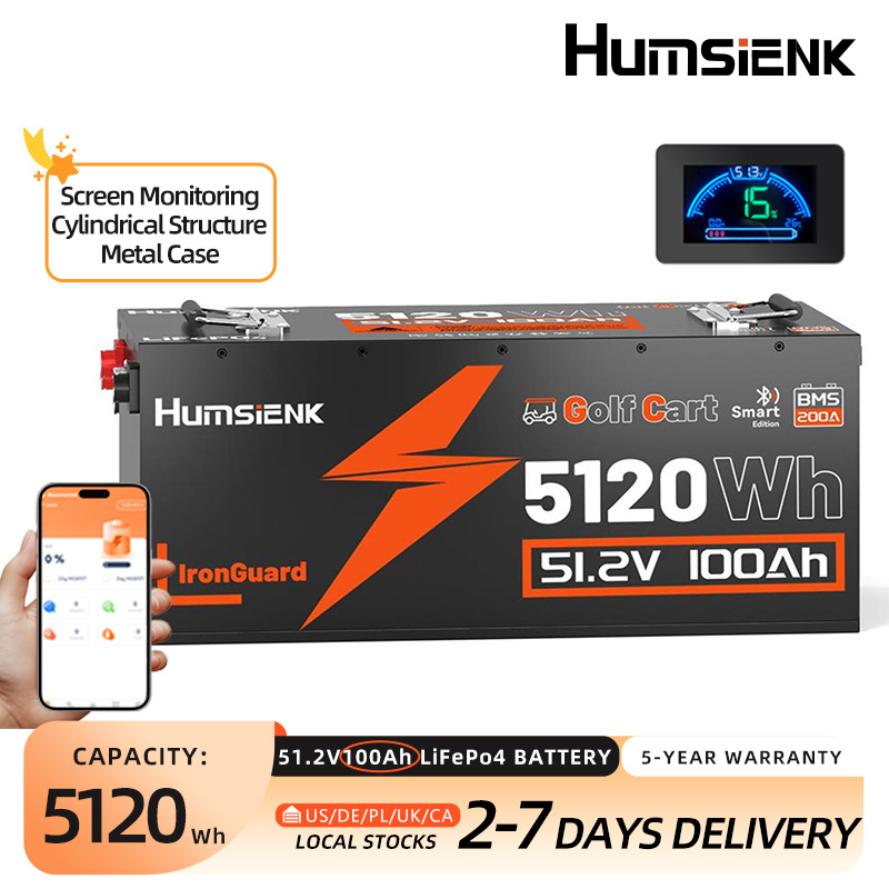 Humsiek LiFePO4 バッテリー 48V 100Ah ゴルフカート 200A BMS 5120Wh に特化 Bluetooth/円筒構造/放熱