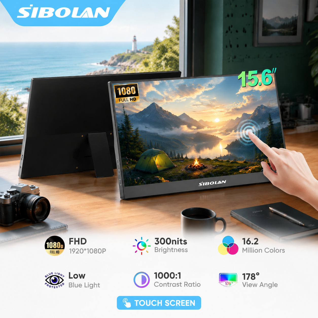 SIBOLAN 15.6 インチポータブルタッチモニター 1080P FHD 内蔵スピーカー USB C HDMI VESA ポートラップトップ XBox PS4/5 スイッチ電話 PC
