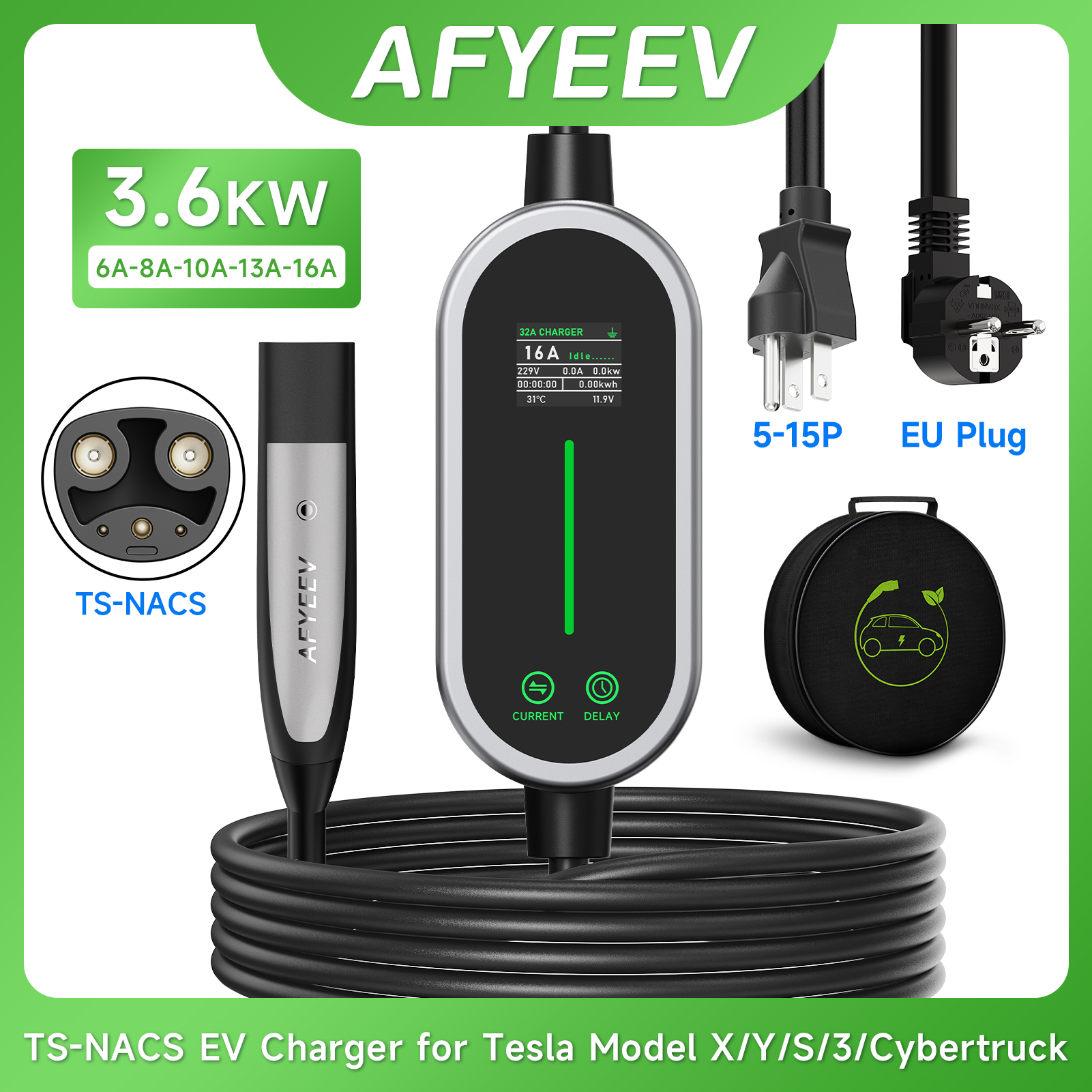 AFYEEV 16A 3600 ワットポータブル EV 充電器テスラ EU 米国プラグ 5 メートル TS-NACS 電気自動車充電器テスラモデル X/Y/S/3/サイバートラック