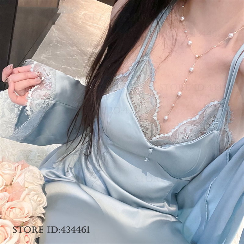 エレガントなロングローブネグリジェ 2 個セットセクシーなレースのランジェリーサスペンダー寝間着ホームウェア春夏の新しい女性パジャマパジャマ