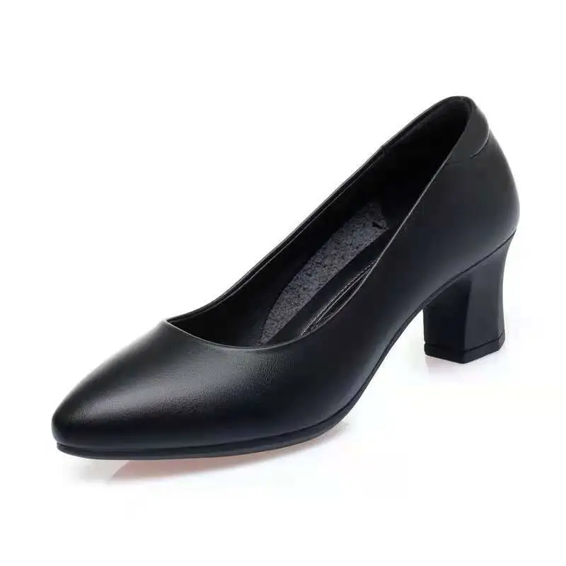 女性かわいい甘いラウンドトゥ黒 Pu レザー春スリップオンスクエアヒール靴 Zapatos デ Mujer 女性プラスサイズのオフィスパンプス B37