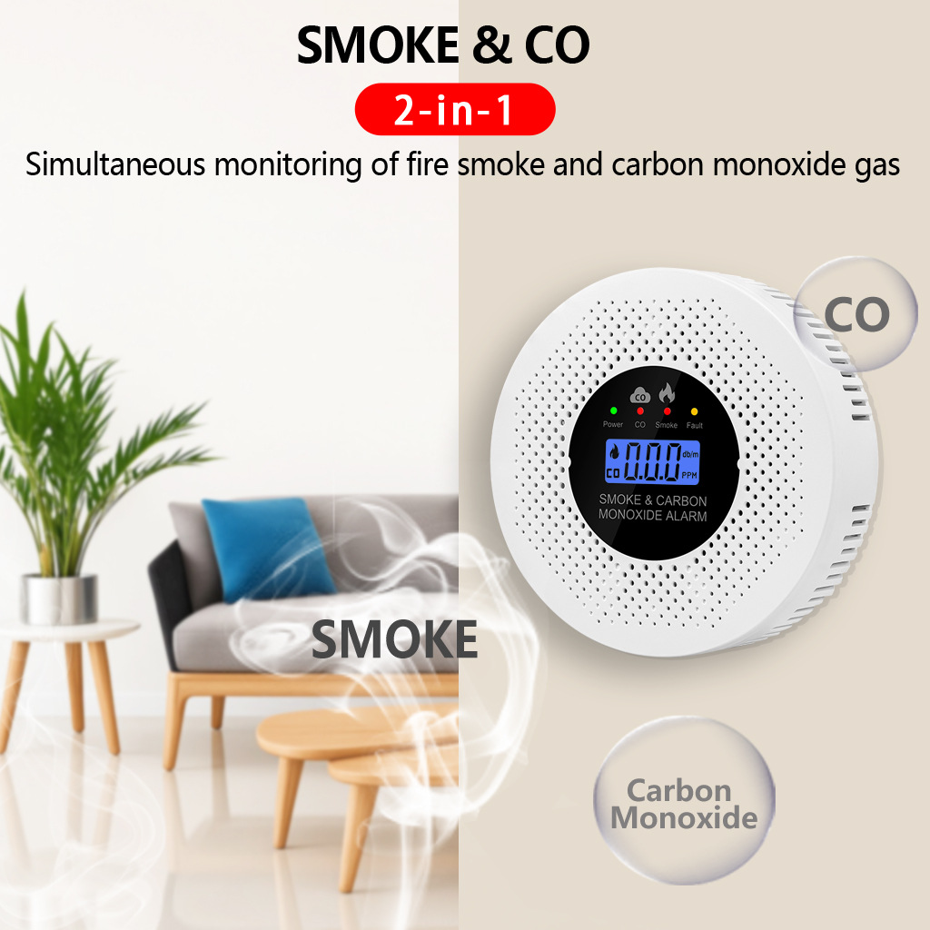 2-in-1 Smoke and Carbon Monoxide Detector with LCD Display Carbon Monoxide Alarm Powered by Battery for House Apartment Kitchen