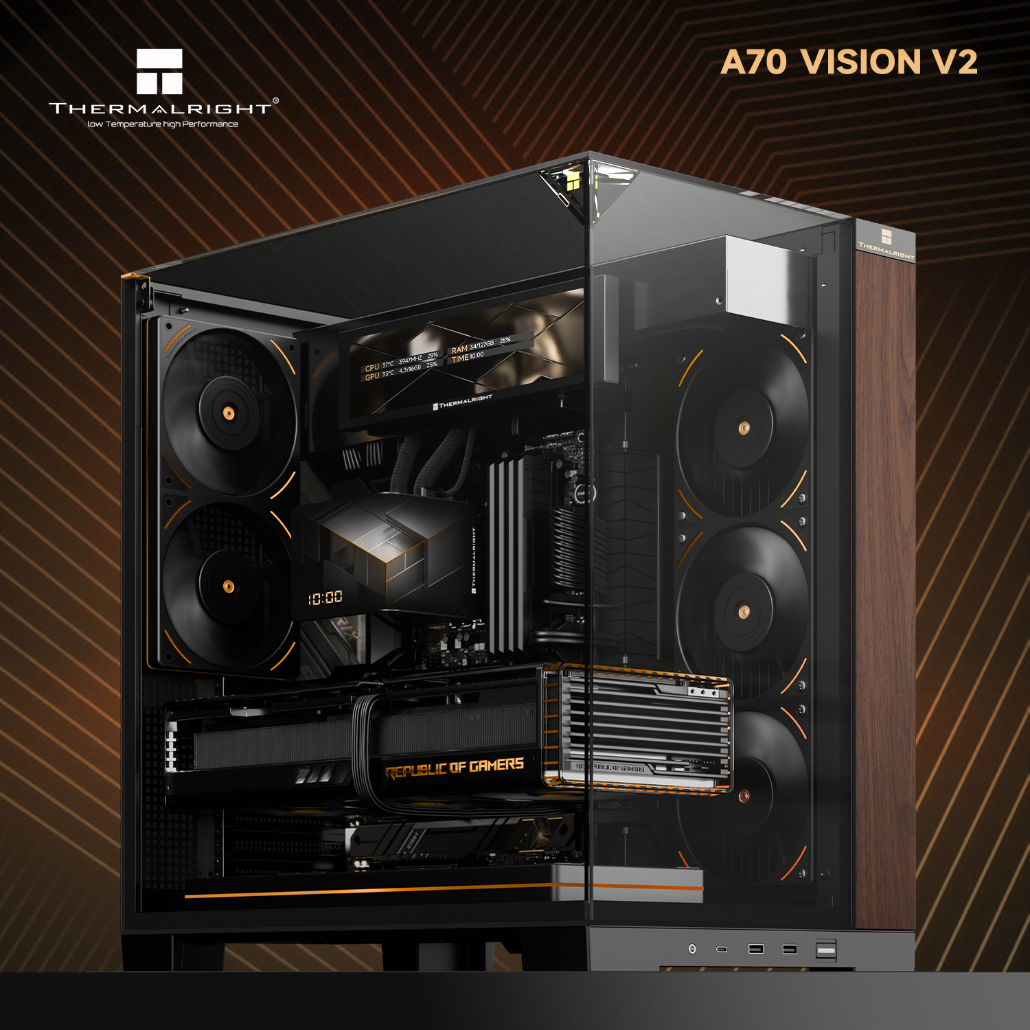 Thermalright A70 VISION V2 木目調デスクトップコンピュータケース 3 面強化ガラスシービュールームシャーシ 9.16 インチ LCD スクリーン付き