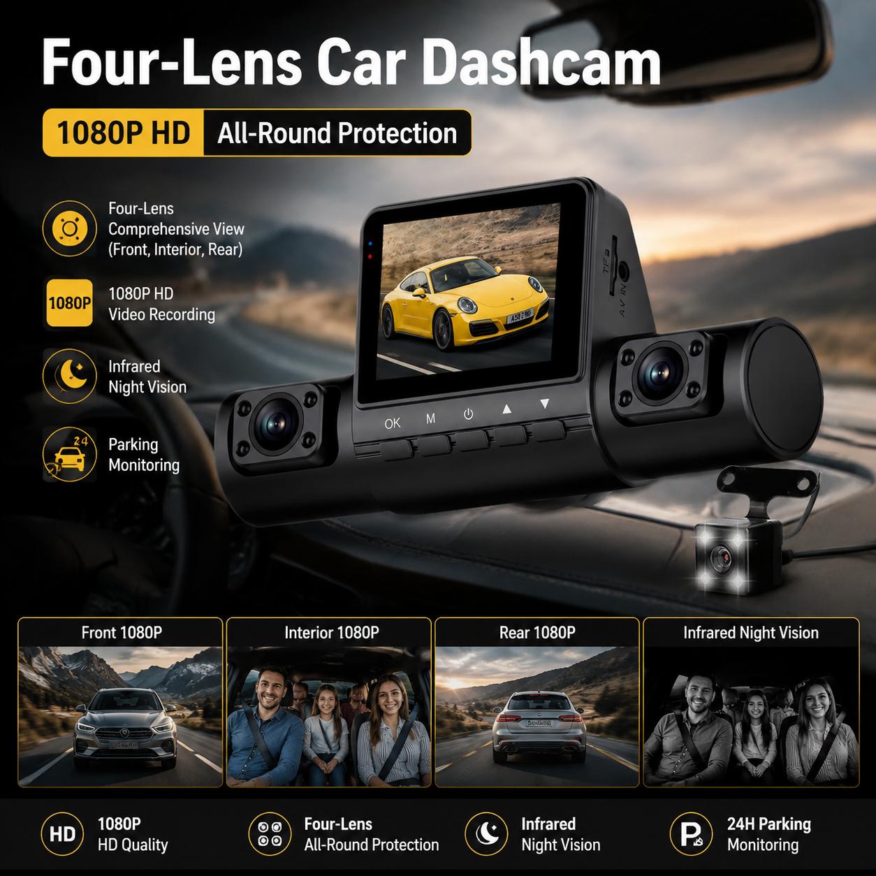 4 レンズ ダッシュ カム 1080P フル HD 360 度ビュー 車載 DVR 3.16 インチ IPS スクリーン ダッシュボード カメラ スーパー ナイト ビジョン G センサー ループ録画サポート ラップトップ接続で完全な内外装をサポート