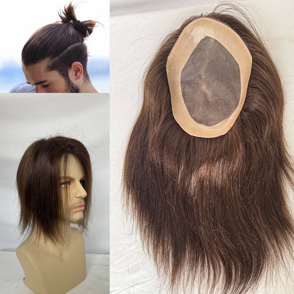 100% ヨーロッパ人毛交換システムかつら男性用 6 ''x8 ''メンズヘアピースモノレーストップ耐久性のある PU 周囲 9 インチ