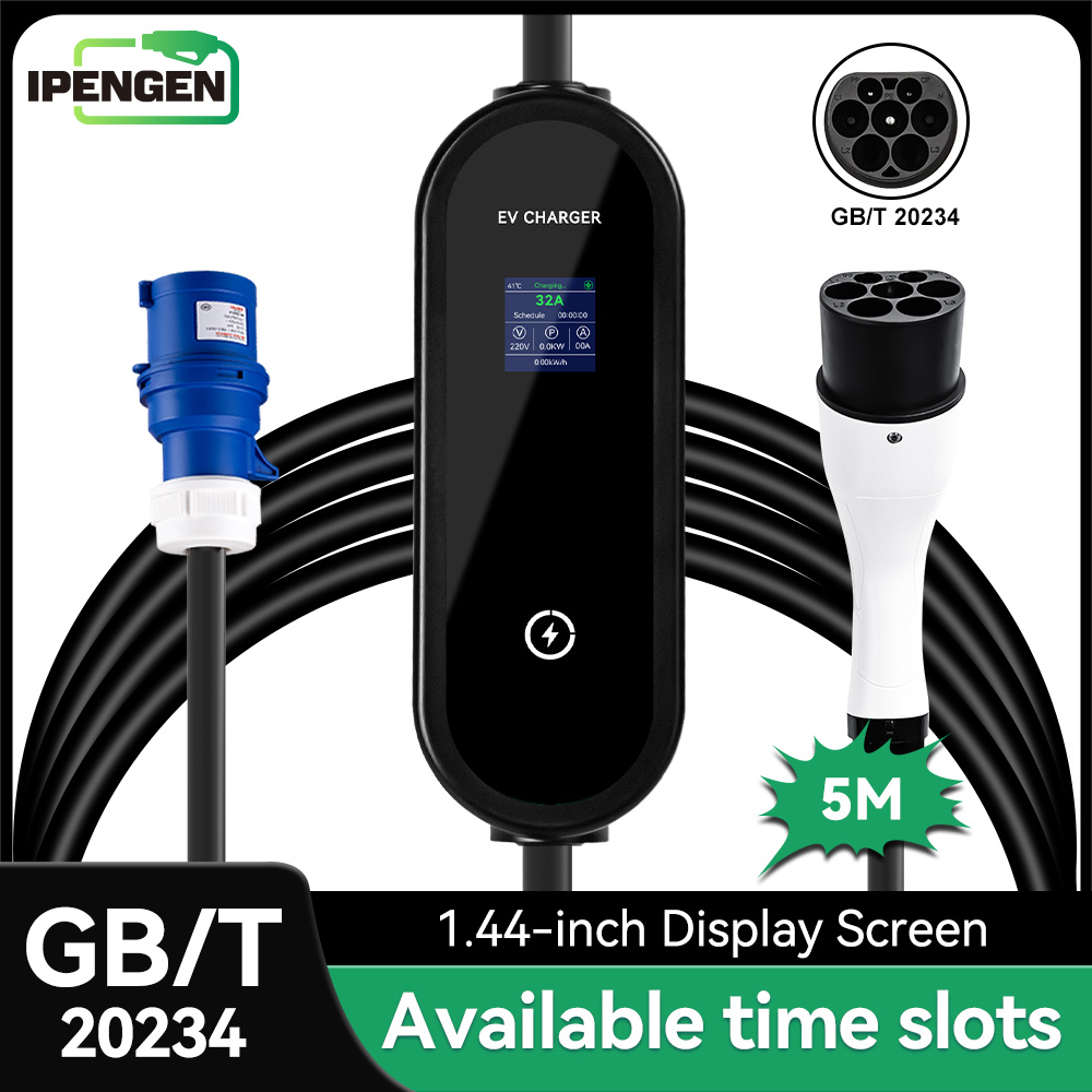 IPENGEN GB/T Portable EV Charger 5M Cable 32A 1Phase Delay Charging Time 7KW EVSE Charging CEE Plug for Electric Vehicle