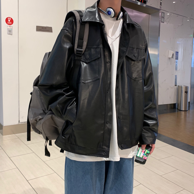 黒フェイクレザージャケット男性秋メンズヒップホップジャケット Pu レザー男性オーバーサイズストリート韓国トレンドジャケットコート